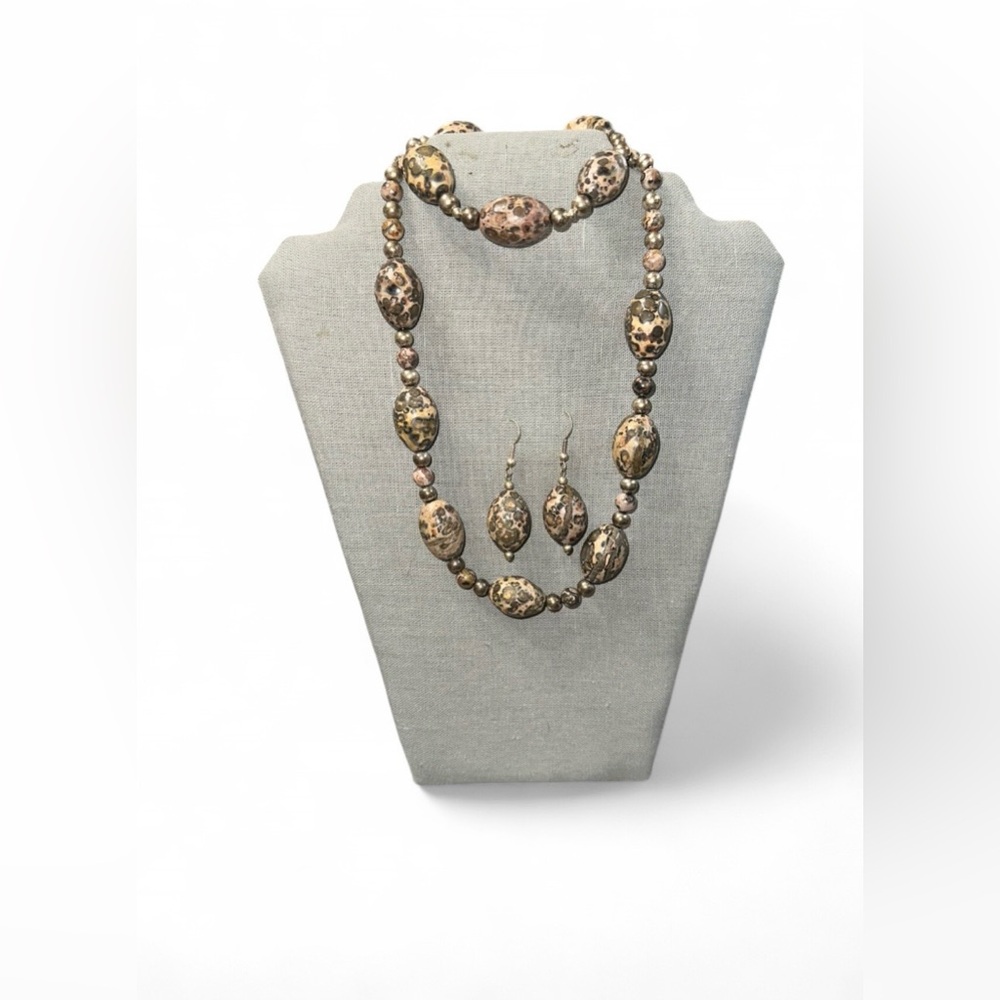 Leopard Skin Jasper Necklace Bracelet Earrings Set Natural Stone Boho Artisan